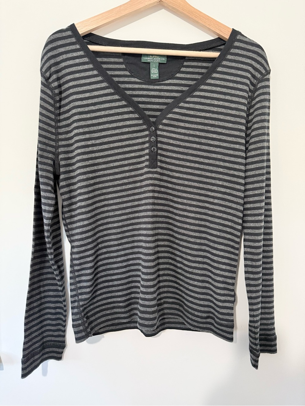 Ralph Lauren LRL Lauren Jeans Co Black and Gray Striped V-Neck Long Sleeve Top